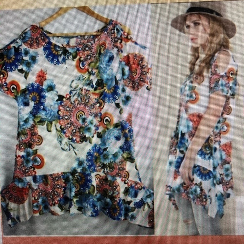 Soft Boho Print Cold Shoulder Tunic Ruffle… - Picture 2 of 6